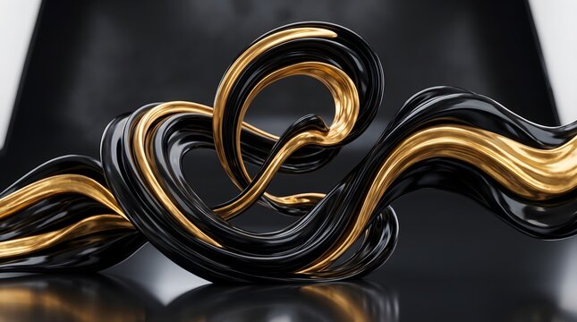 Abstract glossy black and gold 3D liquid swirls on dark background.