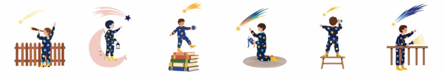 Illustrations of a young boy in space pajamas observing the night sky, reading books, and watching shooting stars in various imaginative scenes. © Mairiko