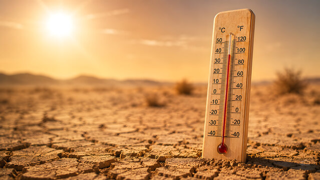 Wooden thermometer standing on cracked dry earth under blazing sun. Concept of global warming drought and extreme climate change.