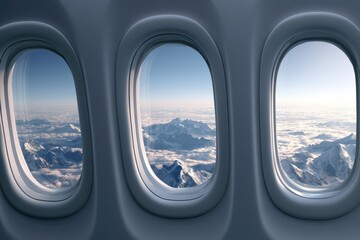 Naklejka premium View of snowy mountain range from cabin window. Travel theme.