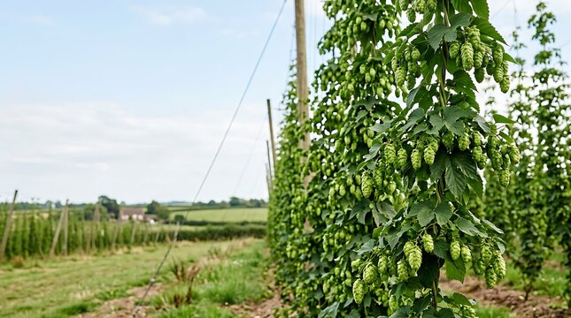 Fresh green hop cones growing in a rural farm field
