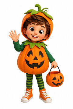 Adorable 3D render of a smiling cartoon boy wearing a pumpkin costume waving, holding candy bucket, isolated on white.