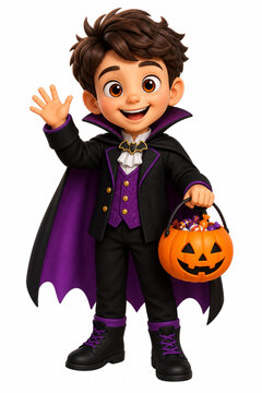 3D render of a cute cartoon boy waving dressed in a purple vampire costume holding a pumpkin bucket with candy