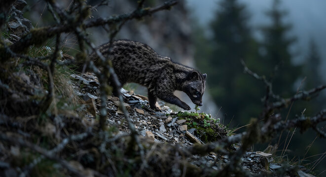 Small wild civet cat walking on rocky mountain terrain in a misty forest environment