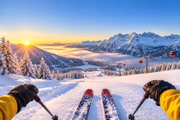 Obraz premium Point of View Shot of a Skier on a Snowy Mountain Slope at Sunrise with Ski Resort Lift