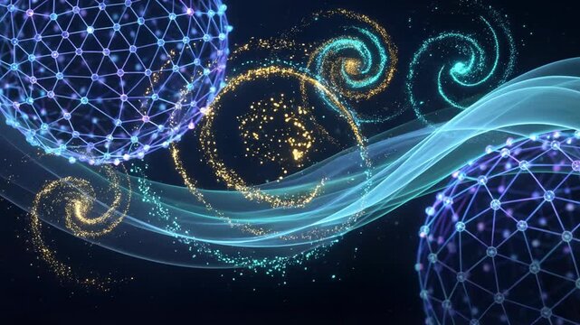 abstract digital spheres with glowing lines and cosmic elements in dark background