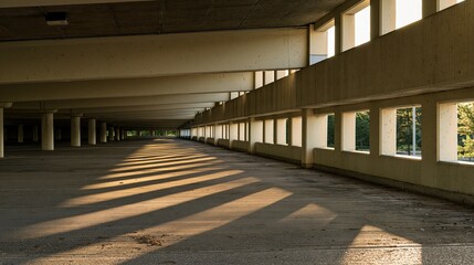 Fototapeta premium Empty Concrete Parking Garage Interior with Strong Sunlight and Shadow Patterns