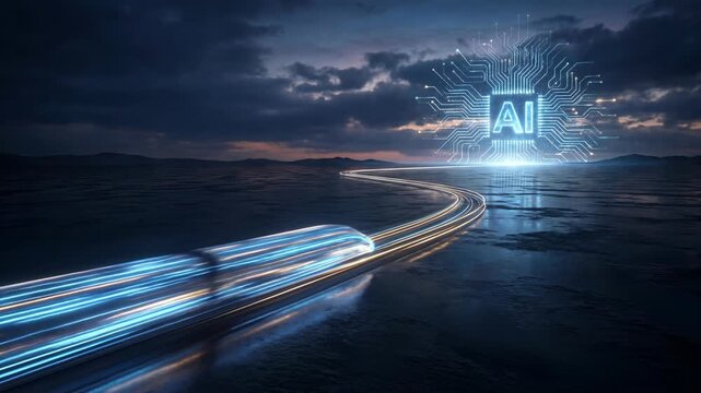 futuristic ai technology with glowing circuit and light trails in digital landscape