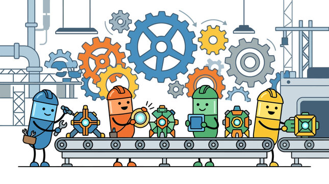 Cute cartoon characters working on a factory assembly line with gears and machinery, vector illustration