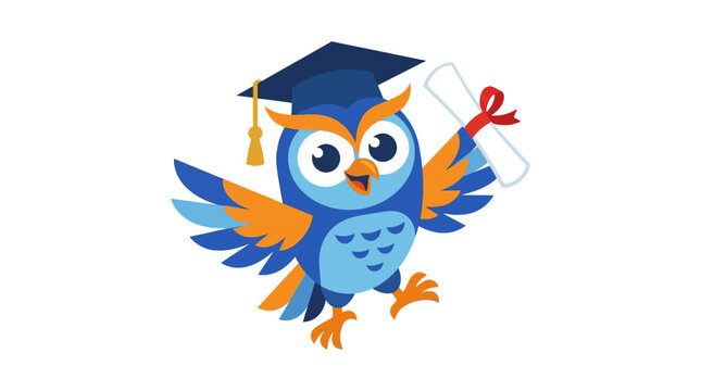 Cute Cartoon Blue Owl Wearing Graduation Cap and Holding Diploma for Educational Achievement