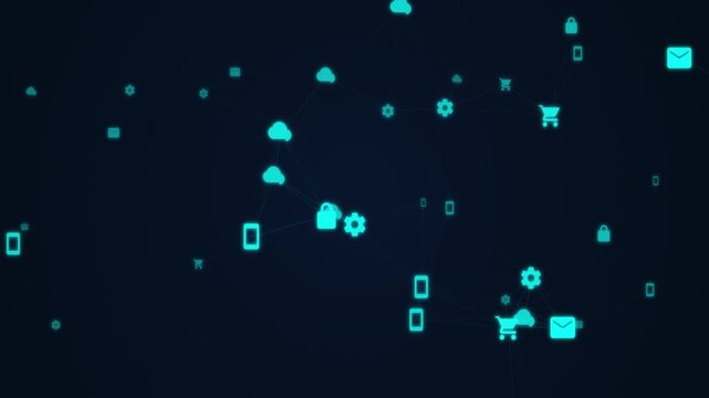 Blue digital icons floating on dark background