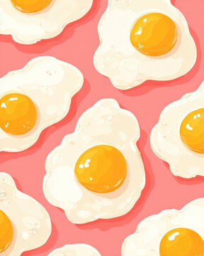 Fried egg seamless pattern with bright yellow yolks and white edges on warm pink background, creating cheerful and appetizing design