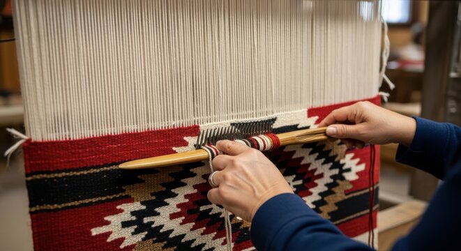 A person weaving on a traditional loom, creating intricate patterns with colorful threads.