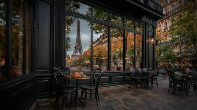 Paris, France, Europe. A detailed, atmospheric photograph of a Parisianstyle cafe with a panoramic view of the Eiffel Tower in the background.