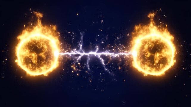 Burning fire rings connected by a bright electric spark against a dark background