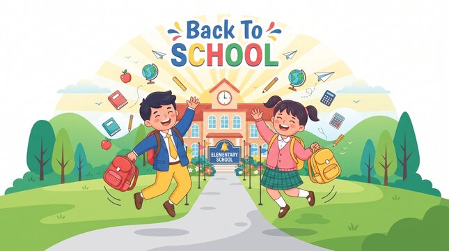Children excited going back to school illustration
