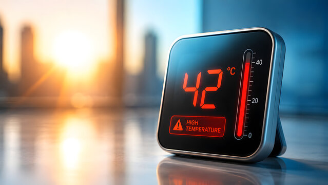 Digital thermometer device displaying forty two degrees celsius. Concept of urban heatwave hazard and environmental weather forecast.