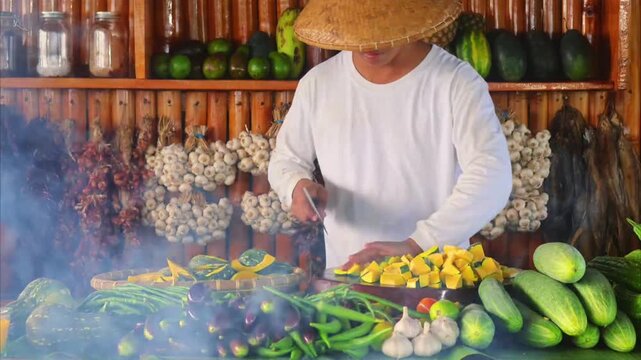 Chef chopping fresh yellow pumpkin on wooden board with farm vegetables around 4K