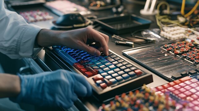 Technician assembling custom mechanical keyboard with colorful keycaps in workshop.