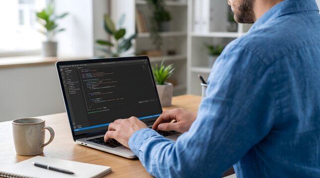 Programmer Coding and Software Development on Laptop Computer at Home Office Workplace