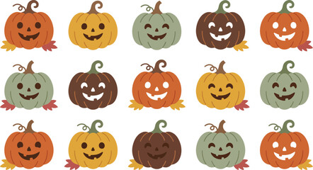 Fototapeta premium Set of cute hand drawn jack o lantern pumpkins with various expressions for halloween holiday design elements