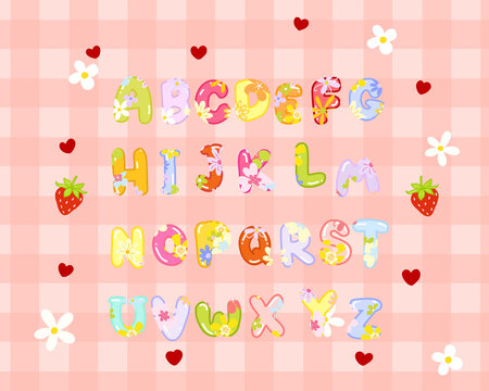 Alphabets Fonts design with cute flower illustration for lettering on gingham textured background