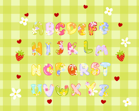 Alphabets Fonts design with cute flower illustration for lettering on gingham textured background