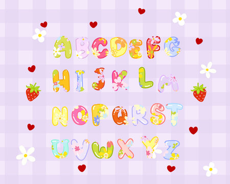 Alphabets Fonts design with cute flower illustration for lettering on gingham textured background
