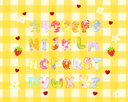 Alphabets Fonts design with cute flower illustration for lettering on gingham textured background