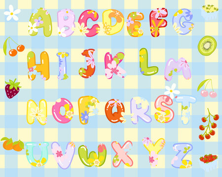 Alphabets Fonts design with cute flower illustration for lettering on gingham textured background