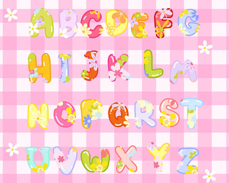 Alphabets Fonts design with cute flower illustration for lettering on gingham textured background