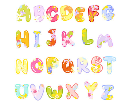Set colorful alphabet letters clip art with flowers textured