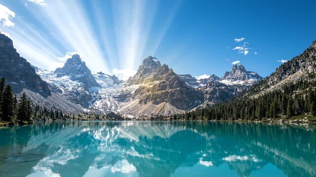 Clear blue alpine lake reflecting jagged snow-capped mountains and pine forest under a bright sunburst sky