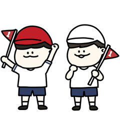 運動会で1位の旗を持って喜ぶ男子児童のイラスト 背景透過