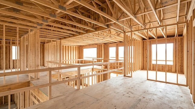 Interior view of modern house framing under construction with exposed wooden studs, beams, trusses and plywood floor