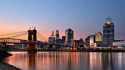 Fototapeta premium Cincinnati Skyline and Suspension Bridge at Dusk with Reflecting Lights on the Ohio River