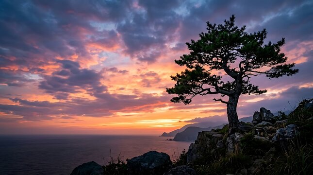 Lone pine tree on a rocky cliff overlooking the ocean at sunset