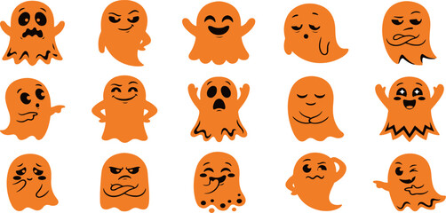 Fototapeta premium Set of cute orange ghost characters with various funny facial expressions for halloween party decoration and graphic design