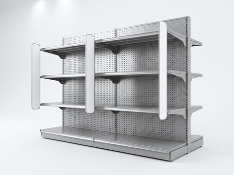 Empty supermarket shelving unit. Retail store display rack for product merchandise mockup.