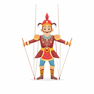 Traditional Asian marionette puppet wearing ornate royal costume with strings