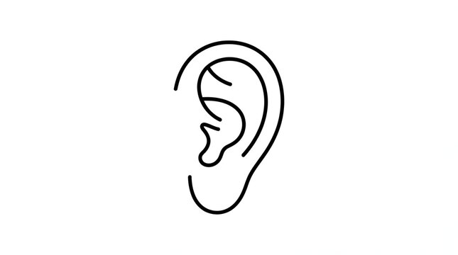 Create a premium vector illustration of a single human ear anatomical icon on a pure solid white background. Design the ear using elegant black monoline outlines with accurately simplified anatomical 