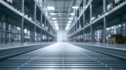 Fototapeta premium Spacious, brightly lit warehouse interior with rows of tall shelving units and a conveyor belt system