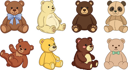 Cute cartoon teddy bear vector collection with panda polar bear and sitting plush toys set © Afroja