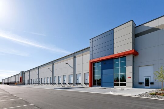 Modern industrial warehouse building facade with loading docks and large glass entrance under clear blue sky