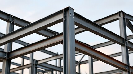 Fototapeta premium Industrial steel frame construction for modern building projects, showcasing structural integrity and raw materials