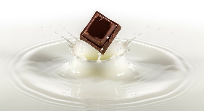 A dynamic crown shaped splash of creamy milk as a piece of dark chocolate falls into the liquid, creating high speed droplets and ripples, creamy, flowing, healthy