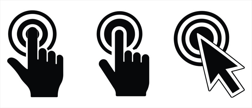 Clicking cursor and hand finger touching screen icons set on white background