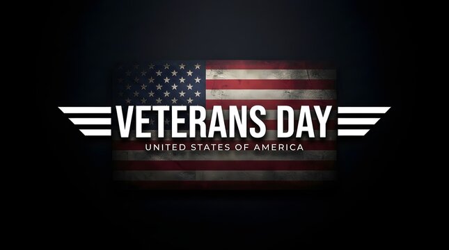 Veterans day greeting card design with a distressed american flag background and white typographic emblem