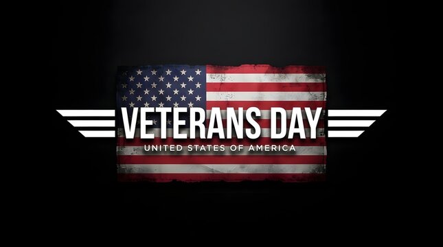 Veterans day greeting card design with a distressed american flag background and stylized aviation wings graphic