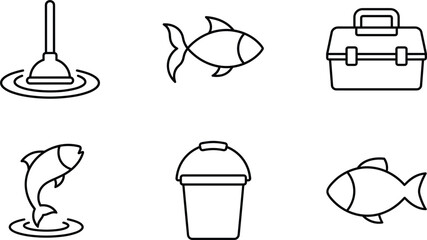 Set of fishing and outdoor adventure linear icons featuring different fish types tackle box water bucket and bobber float outline symbols isolated vector illustration © mdhusne